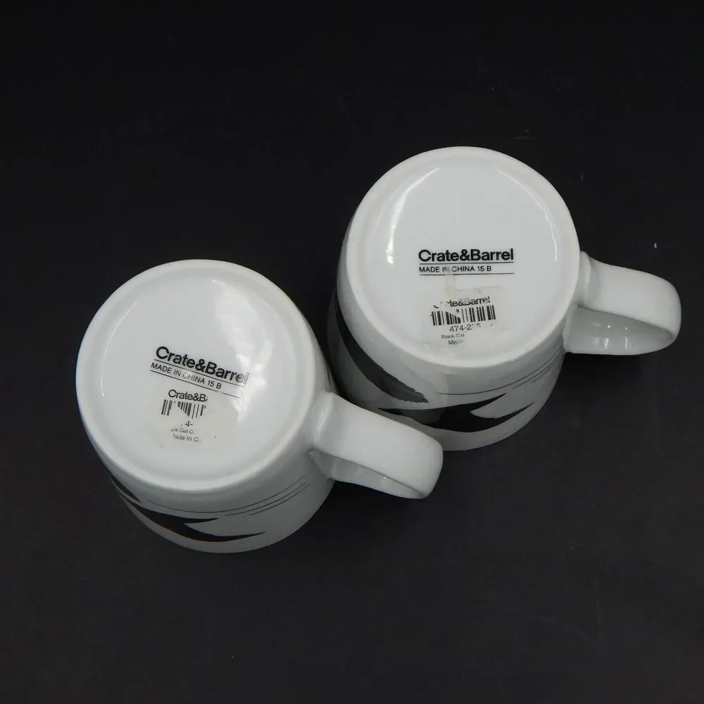 Crate And Barrel Black Cat Demitasse Coffee Cup Mug Set 2 Riding Broom Halloween